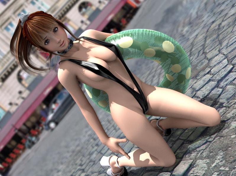 1girl 3d brown_eyes brown_hair choker city cocoa_(character) collar female_focus high_heels incise_soul innertube kneeling m-rs ponytail road sandals shoes slingshot_swimsuit solo street swim_ring swimsuit