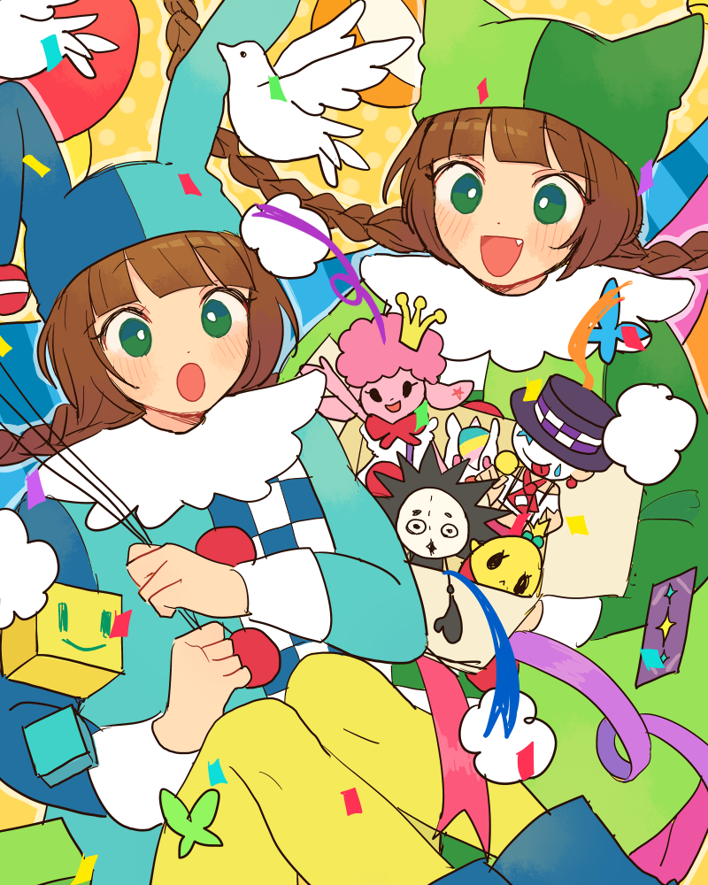2boys 3girls balloon bemani bird blue_hat blue_shirt boxies braid brown_hair confetti crown dot_nose dove eccnock_girl green_eyes green_hat green_shirt hat holding holding_balloon humanization jester_cap kanta_(pop&#039;n_music) long_sleeves mimi_(pop&#039;n_music) multiple_boys multiple_girls nana_(pop&#039;n_music) nyami_(pop&#039;n_music) open_mouth pelo_(pop&#039;n_music) pikara poodle pop&#039;n_music shirt twin_braids white-merry