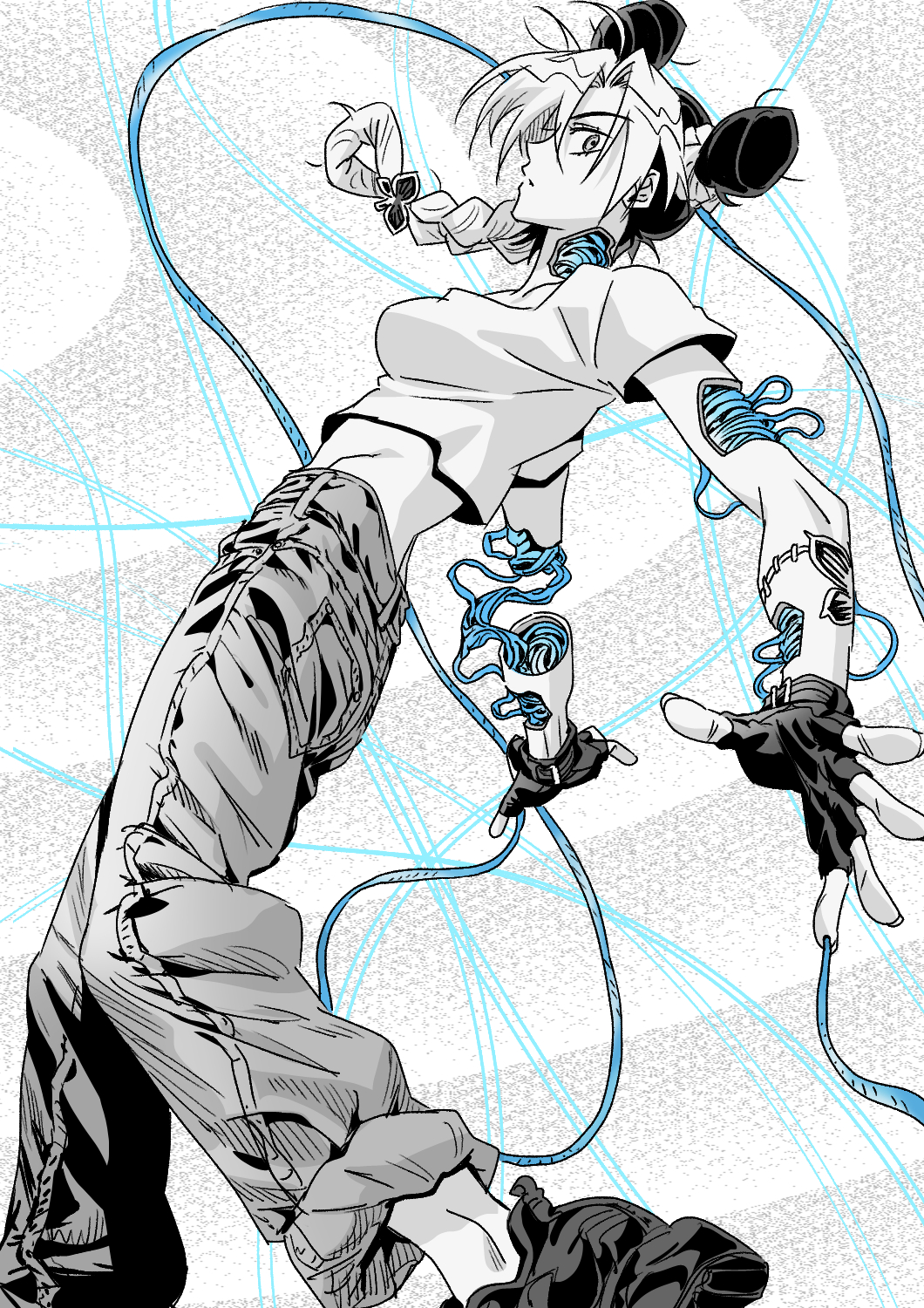 1girl arm_tattoo ass braid braided_ponytail breasts crop_top cropped_shirt denim double_bun fingerless_gloves flat_ass from_side gloves greyscale hair_bun highres jeans jeonjin_(mynamebazin) jojo_no_kimyou_na_bouken kuujou_jolyne medium_breasts monochrome multicolored_hair pants pants_rolled_up shirt solo spot_color stone_ocean string t-shirt tattoo two-tone_hair