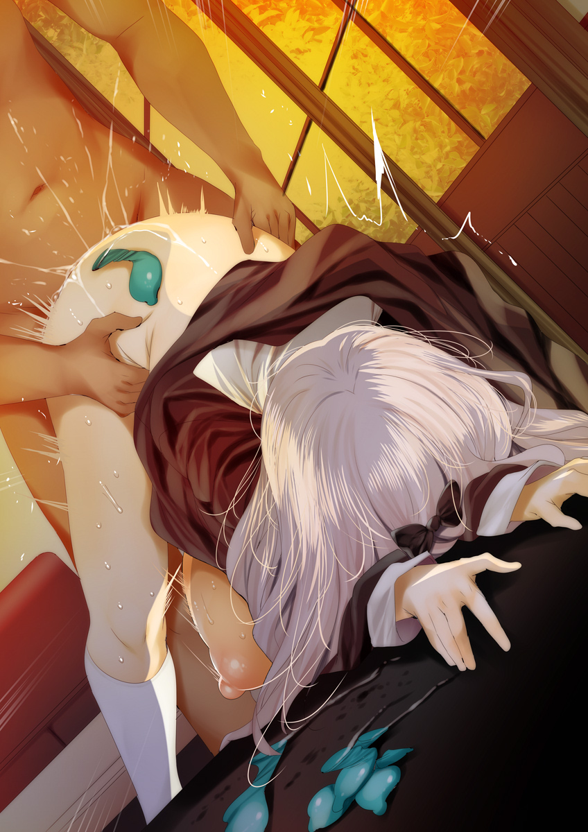 1boy 1girl all_fours arched_back back black_dress black_ribbon breasts breasts_out clothed_sex condom cum cum_in_pussy doggystyle dress fujiwara_chika fumihiko_(fu_mihi_ko) hair_ribbon hand_on_another&#039;s_hip hetero highres kaguya-sama_wa_kokurasetai_~tensai-tachi_no_renai_zunousen~ large_breasts long_hair long_sleeves navel nipples no_bra no_panties pink_hair pussy_juice ribbon school_uniform sex sex_from_behind shuuchiin_academy_school_uniform stomach thighs used_condom vaginal