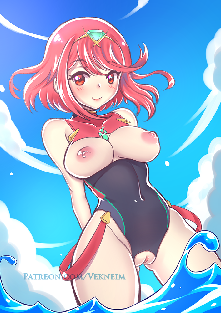 1girl arm_behind_back artist_name black_one-piece_swimsuit blue_sky bob_cut breasts breasts_out chest_jewel closed_mouth commentary_request core_crystal_(xenoblade) covered_navel cowboy_shot day gem green_gemstone large_breasts looking_at_viewer nipples one-piece_swimsuit outdoors patreon_username pussy pussy_cutout pyra_(pro_swimmer)_(xenoblade) pyra_(xenoblade) red_eyes red_hair short_hair sky smile solo swimsuit tiara uncensored vekneim wading water xenoblade_chronicles_(series) xenoblade_chronicles_2