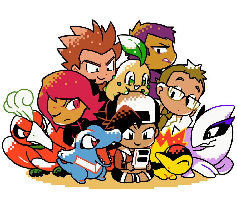 5boys archer_(pokemon) backwards_hat baseball_cap bird black_eyes black_hair black_shirt blue_skin brown_hair chikorita closed_eyes closed_mouth coat colored_skin cyndaquil dot_mouth elm_(pokemon) ethan_(pokemon) fire game_boy gen_2_pokemon glasses green_eyes hand_on_own_hip handheld_game_console hat ho-oh holding holding_handheld_game_console indian_style lance_(pokemon) leaf legendary_pokemon long_hair looking_at_another looking_at_object looking_to_the_side lugia lying male_focus multiple_boys necktie nintendo on_head on_stomach one_eye_closed open_mouth orange_hair orange_skin outstretched_arm parted_lips playing_games plume pokemon pokemon_(creature) pokemon_gsc pokemon_gsc_(style) raised_eyebrows red_eyes red_hair rimless_eyewear sharp_teeth shirt sideways_glance silver_(pokemon) sitting smile ssalbulre teeth totodile white_background white_coat widow&#039;s_peak
