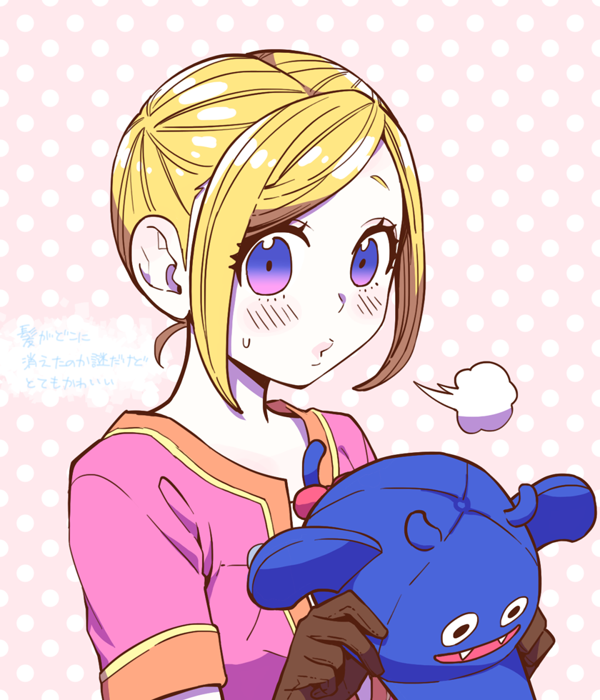 1girl asuka_(pixiv3381855) blonde_hair blue_eyes brown_gloves commentary_request dracky dragon_quest dragon_quest_builders_2 fake_wings female_builder_(dqb2) gloves gradient_eyes hat holding holding_unworn_clothes holding_unworn_hat looking_at_viewer looking_to_the_side multicolored_eyes official_alternate_hairstyle orange_trim pink_eyes pink_tunic polka_dot polka_dot_background puff_of_air short_hair solo sweatdrop translation_request tunic unworn_hat unworn_headwear upper_body wings yellow_trim