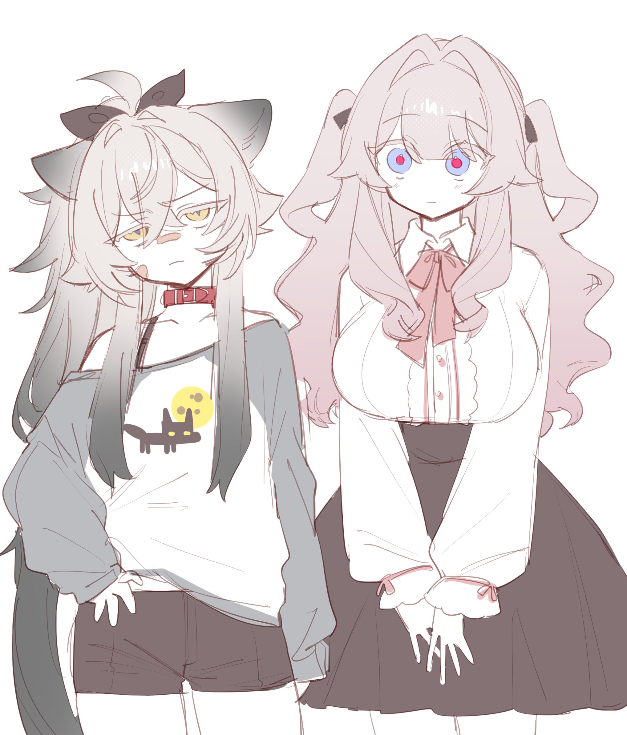 2girls black_shorts black_skirt blue_eyes breasts brown_eyes collar collared_shirt flat_chest grey_hair grey_sleeves highres kai_(drakkai10) large_breasts long_hair looking_at_viewer marina_(kai_(drakkai10)) multiple_girls original pink_hair pink_pupils raglan_sleeves red_collar shirt short_shorts shorts shoya_(kai_(drakkai10)) simple_background skirt white_background white_shirt