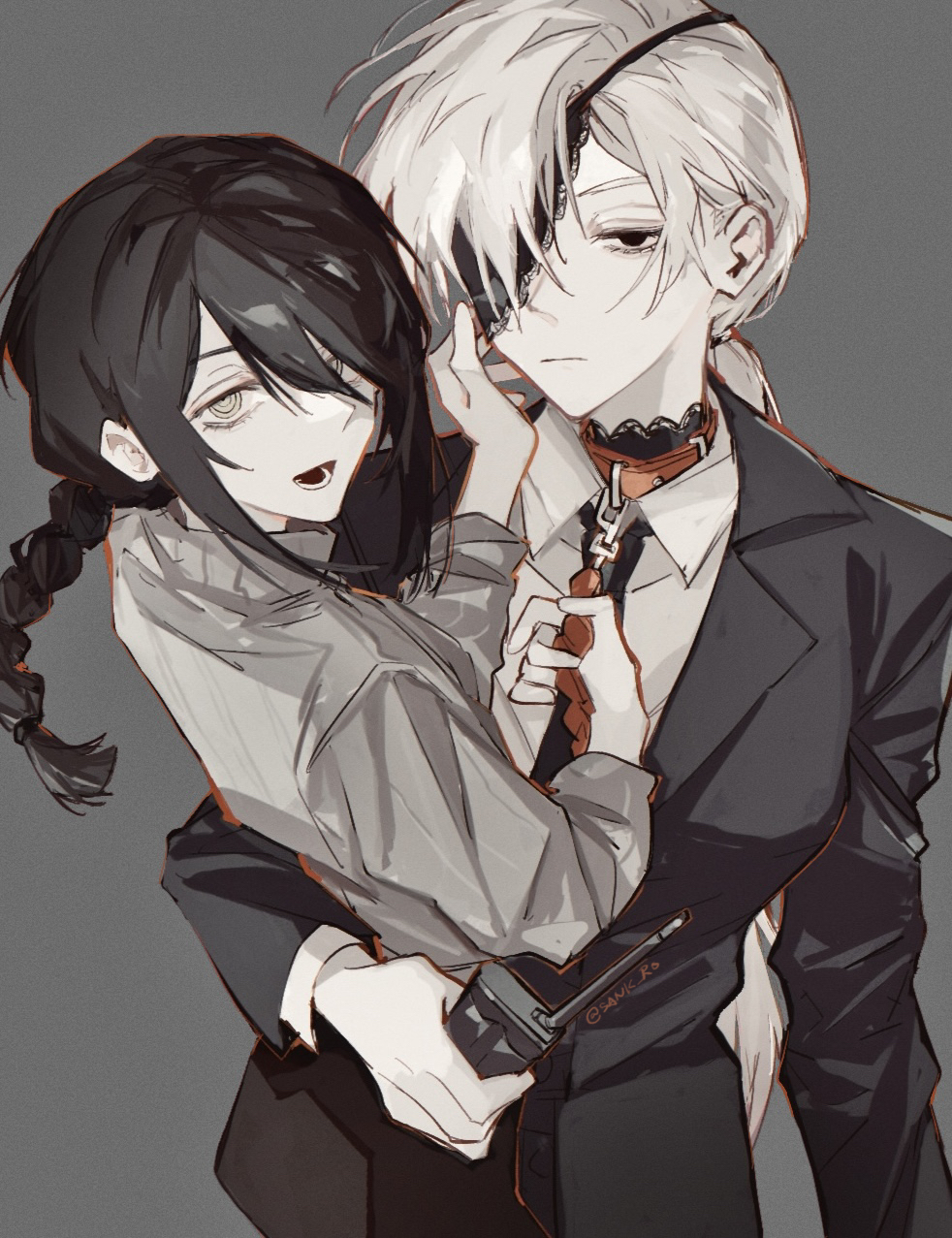 2girls arm_around_waist black_eyes black_hair black_necktie braid chainsaw_man expressionless formal_clothes frilled_eyepatch grey_background grey_shirt hair_between_eyes hair_over_one_eye half-closed_eyes hand_on_another&#039;s_cheek hand_on_another&#039;s_face highres holding holding_leash holding_radio leash leather_collar long_hair looking_at_viewer low_ponytail multiple_girls nayuta_(chainsaw_man) necktie open_mouth ponytail quanxi_(chainsaw_man) ringed_eyes sank shirt suit twitter_username upper_body very_long_hair white_hair white_shirt yellow_eyes yuri