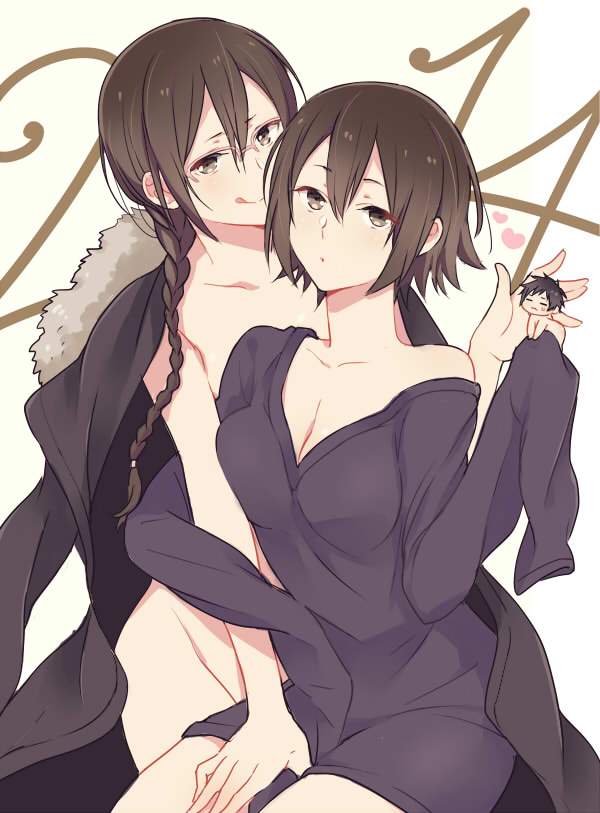 1boy 2014 2girls black_hair blush braid breasts brown_eyes brown_hair chibi clairon cleavage coat collarbone commentary_request cosplay durarara!! fur-trimmed_hood fur_trim glasses hair_between_eyes heart holding_another&#039;s_arm hood jacket large_breasts licking_lips long_hair looking_at_viewer mini_person multiple_girls nude off_shoulder orihara_izaya orihara_izaya_(cosplay) orihara_kururi orihara_mairu partial_commentary shirt short_hair siblings sisters sleeves_past_fingers sleeves_past_wrists smile tongue tongue_out twin_braids twins v-neck