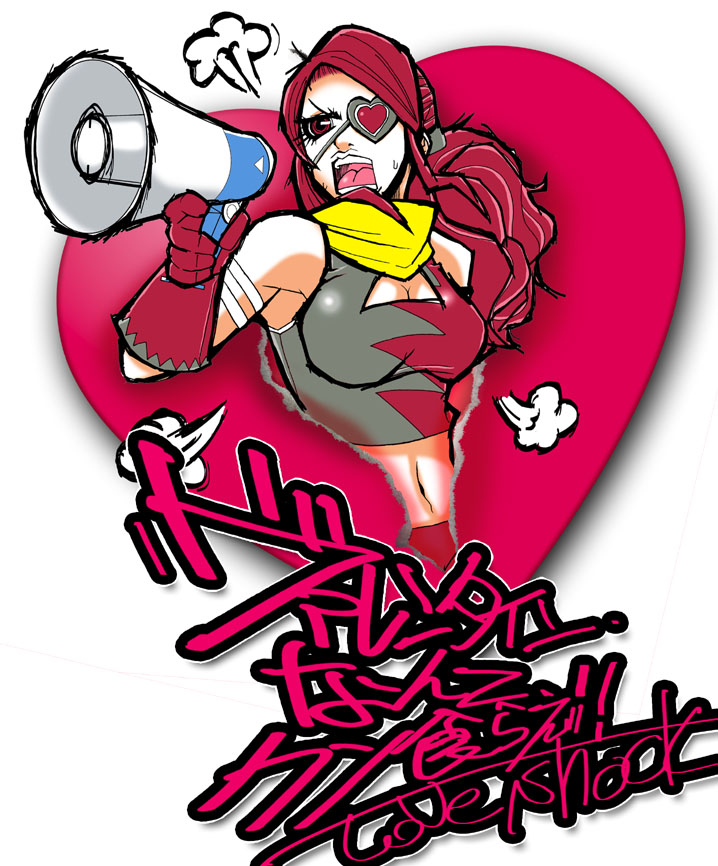 1girl bad_id bad_pixiv_id breasts cleavage eyepatch female_focus gloves heart jet_set_radio love_shockers megaphone red_eyes red_hair sega solo translation_request