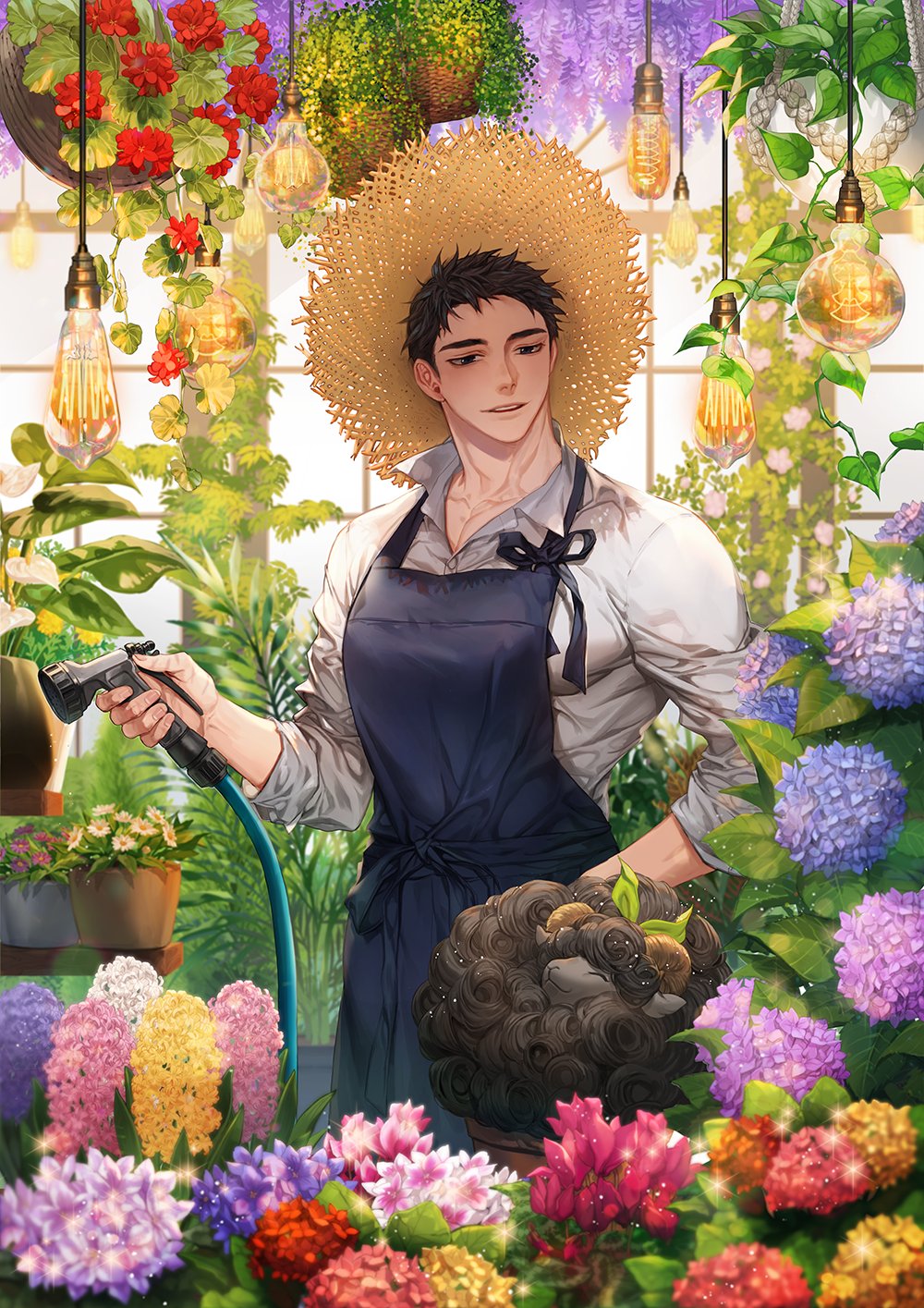 1boy animal apron bara black_apron black_hair black_sheep clover collared_shirt daisy_(flower) day flower flower_pot gardening hat highres holding holding_hose hose lamp large_pectorals light male_focus muscular muscular_male original pectorals pink_flower plant purple_flower red_flower sheep shirt short_hair sleeves_rolled_up smile solo ssong-ga straw_hat white_shirt window yellow_flower