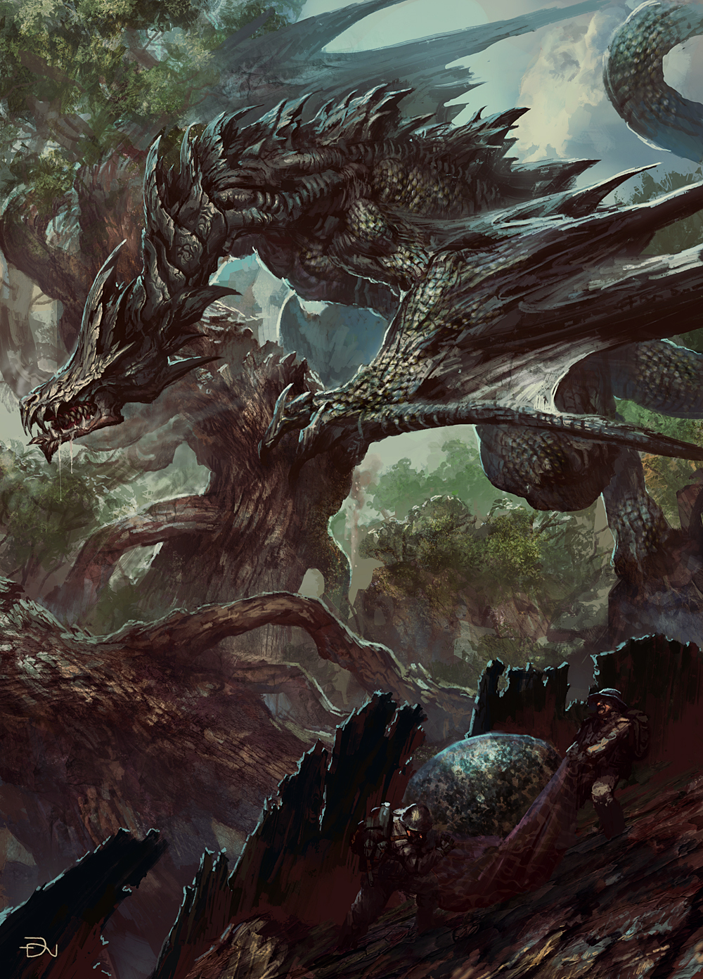 2boys dannoura_yuuki dragon egg forest highres male_focus multiple_boys nature original plant_roots signature theft tree wyvern