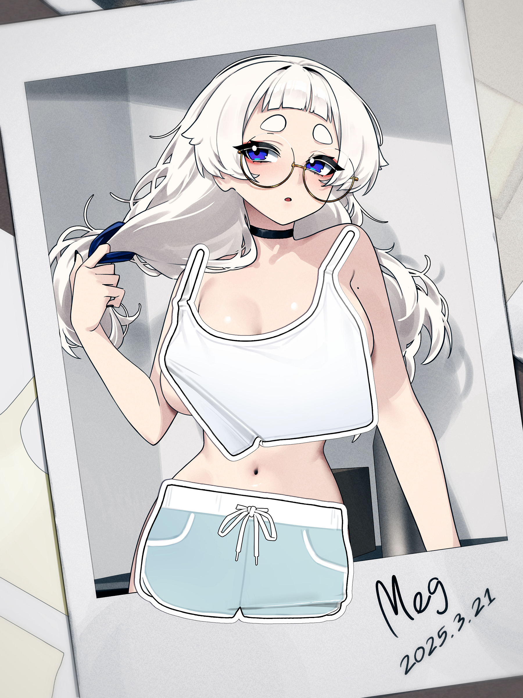 1girl absurdres artist_name black_choker blue_eyes blunt_bangs blush breasts choker cleavage commentary covering_privates dated glasses grey_shorts hair_intakes hair_tie hand_up highres large_breasts meg_(wakamepiza) mole mole_on_arm navel nude_cover open_mouth original photo_(object) polaroid_photo round_eyewear short_bangs shorts solo symbol-only_commentary tank_top thick_eyebrows untying_hair wakamepiza white_hair white_tank_top