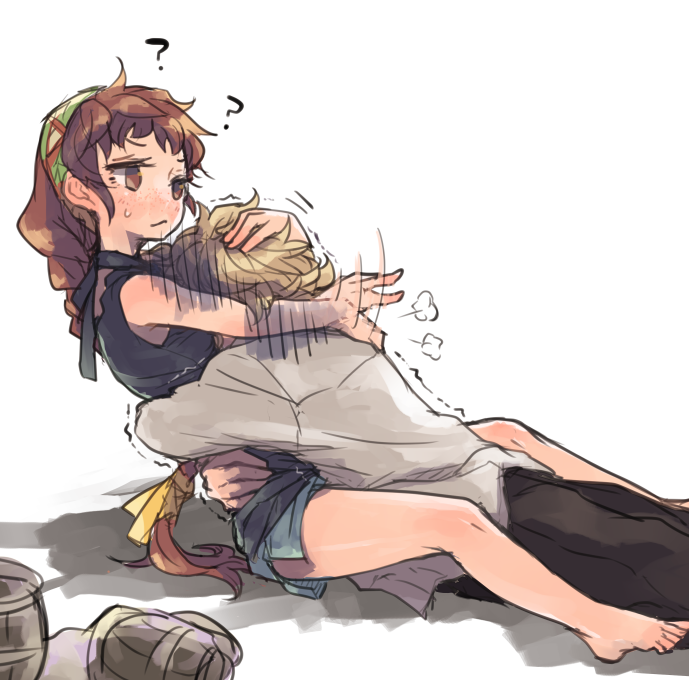 1boy 1girl ? bandana barefoot black_panties black_shirt blue_shorts braid braided_ponytail brown_eyes brown_hair grey_shirt hug isuzu_(log_horizon) log_horizon long_hair lunderhaus_cord mo_(deciliter) panties ponytail shirt short_shorts shorts single_braid sitting sleeveless sleeveless_shirt underwear very_long_hair white_background