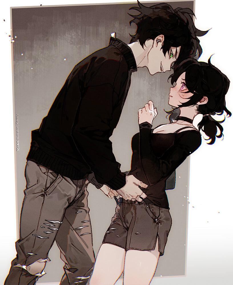 1boy 1girl andrew_graves artist_name ashley_graves black_choker black_hair black_shirt black_sweater breasts brother_and_sister brown_pants brown_shorts choker cleavage denim feet_out_of_frame green_eyes hand_up jeans kawacy long_sleeves looking_at_another low_ponytail open_mouth pants pink_eyes ponytail shirt short_hair shorts siblings smile sweatdrop sweater the_coffin_of_andy_and_leyley torn_clothes torn_jeans torn_pants