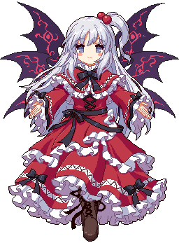 1girl black_ribbon boots brown_boots capelet demon_wings dress frilled_dress frilled_sleeves frills full_body game_cg grey_eyes high_ponytail high_side_ponytail kumio long_hair lowres ponytail red_capelet red_dress ribbon shinki_(touhou) solo tachi-e third-party_source touhou touhou_(pc-98) touhou_mystia&#039;s_izakaya white_hair wings