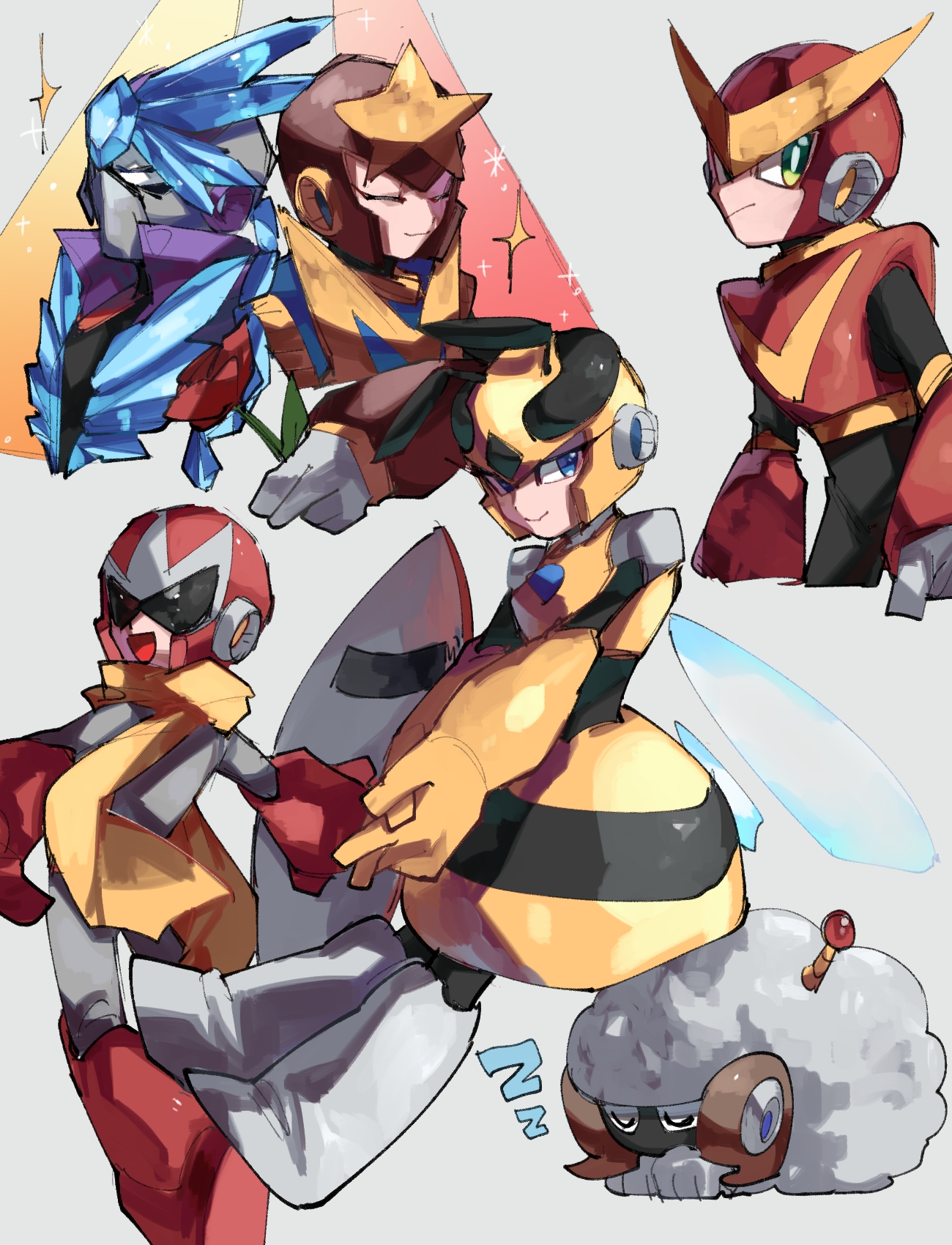 1girl 4boys animalization antennae armor black_bodysuit blue_eyes blue_hair bodysuit boots breastplate brown_headwear chikichi closed_eyes cowboy_shot crop_top cropped_legs crystal elbow_gloves forehead_jewel from_behind full_body gloves green_eyes grey_background grey_bodysuit grey_footwear grey_gloves happy helmet highres holding holding_shield honey_woman horns ice insect_wings knee_boots long_hair looking_back mega_man_(classic) mega_man_(series) mega_man_10 mega_man_11 mega_man_2 mega_man_3 mega_man_5 mega_man_9 multiple_boys open_mouth outstretched_arms own_hands_together ponytail proto_man prototype_design quick_man red_footwear red_gloves red_headwear scarf sheep sheep_man shield shoulder_armor simple_background skirt sleeping smile sparkle spikes spread_arms standing star_(symbol) star_man_(mega_man) striped_clothes striped_skirt tundra_man v_arms vambraces wings yellow_gloves yellow_headwear yellow_scarf yellow_skirt zzz