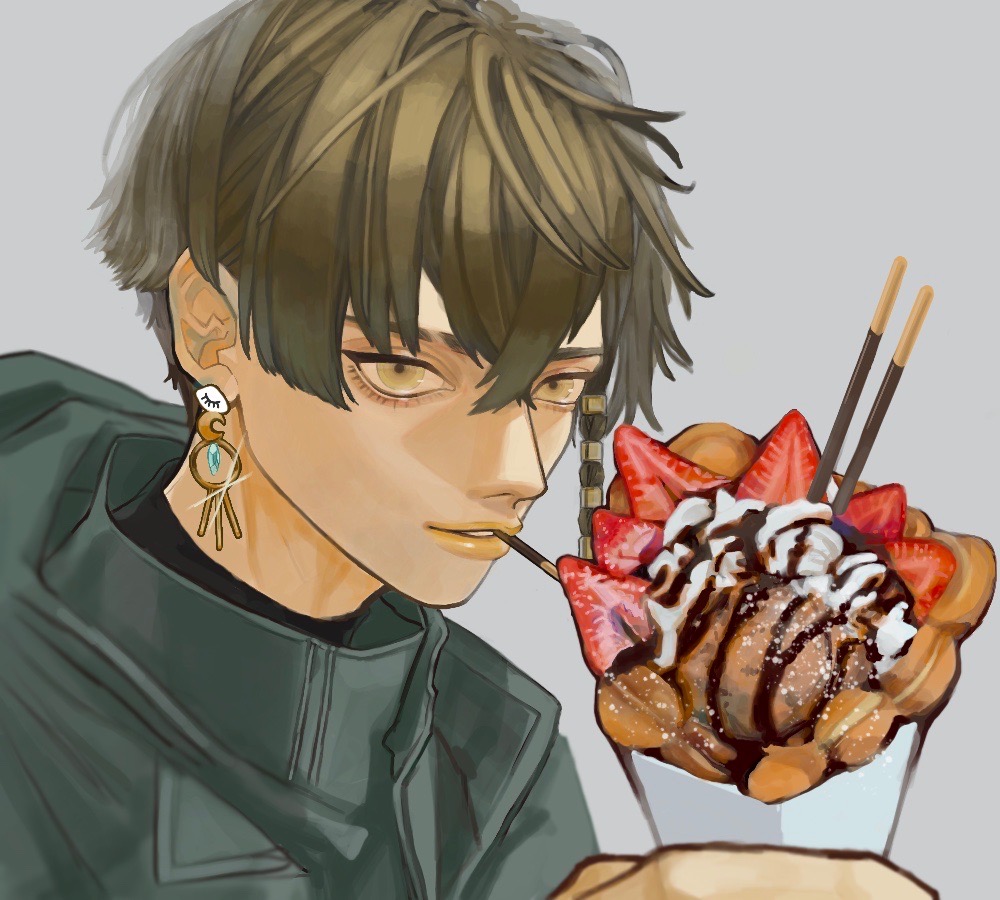 ambiguous_gender androgynous brown_hair chocolate-covered_food chocolate_syrup crescent dessert earrings eye_symbol eyebrow_cut food fruit hair_between_eyes holding holding_food ice_cream jewelry looking_at_viewer original pocky short_hair simple_background solo strawberry sweets whipped_cream yksm_ktn