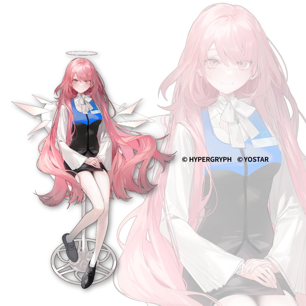 1girl arknights black_skirt closed_mouth detached_wings energy_wings full_body halo lemuen_(arknights) long_hair looking_at_viewer nishikikope official_art pantyhose pink_hair shirt shoes simple_background sitting skirt smile solo very_long_hair white_background white_pantyhose wings zoom_layer