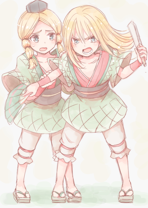 0aoiurn0 2boys aged_down aqua_eyes blonde_hair child dual_persona folding_fan full_body geta hand_fan holding holding_fan japanese_clothes long_hair looking_at_another looking_at_viewer lower_teeth_only multiple_boys protecting sen_no_rikyuu_(sengoku_basara) sengoku_basara shouting simple_background sweatdrop teeth white_background
