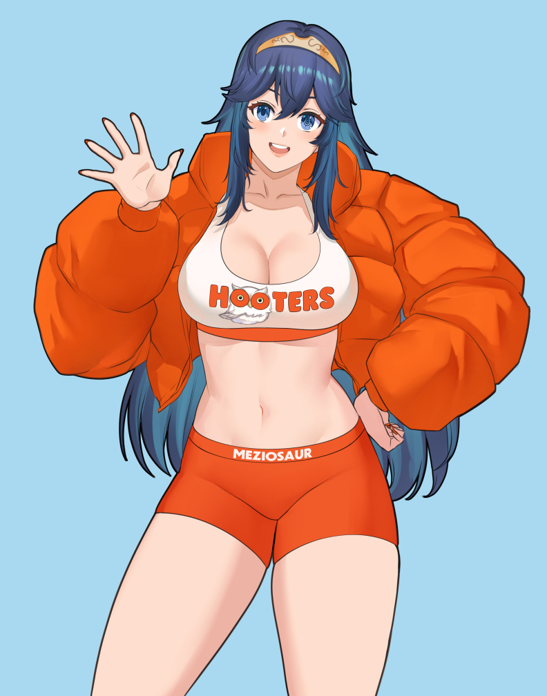 1girl artist_name blue_background blue_eyes blue_hair breasts cleavage clothes_writing commentary cowboy_shot crop_top english_commentary feh_(fire_emblem_heroes) fire_emblem fire_emblem_awakening fire_emblem_heroes hairband hooters jacket large_breasts long_hair long_sleeves lucina_(fire_emblem) meziosaur midriff navel nintendo open_clothes open_jacket orange_jacket orange_shorts short_shorts shorts simple_background solo sports_bra standing stomach thighs very_long_hair