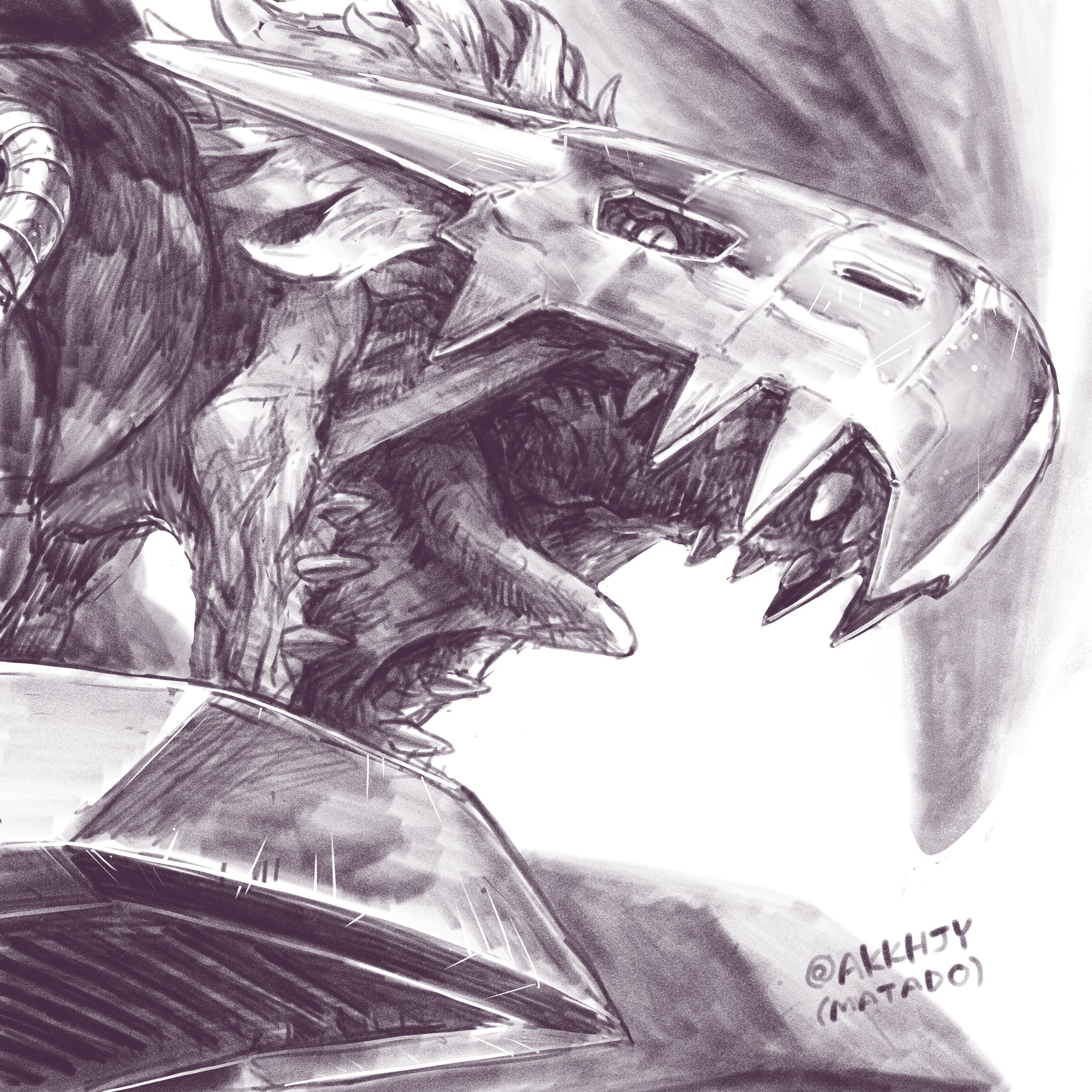 close-up cyborg digimon digimon_(creature) dragon gigadramon greyscale helmet highres matado_(almukha) mechanical_arms megadramon monochrome no_humans open_mouth slit_pupils solo tongue tongue_out twitter_username
