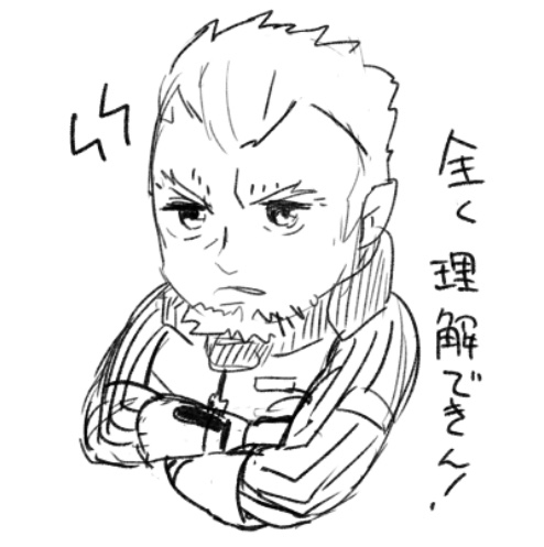1boy alien amenomori430 angry bilusaludo chibi crossed_arms facial_hair goatee godzilla:_city_on_the_edge_of_battle godzilla:_planet_of_the_monsters godzilla:_the_planet_eater godzilla_(series) japanese_text looking_at_viewer lowres male_focus military military_uniform mulu-elu_galu-gu pointy_ears polygon_pictures short_hair sketch spacesuit toho translation_request white_background