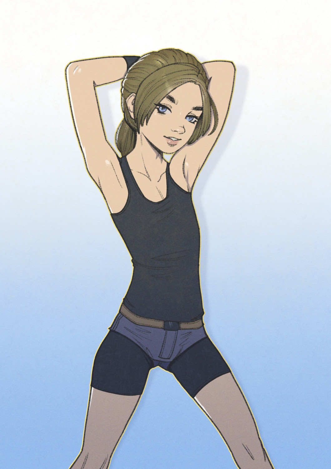 1girl aged_down armpits arms_behind_head arms_up bike_shorts black_shirt black_shorts blue_background blue_eyes blue_shorts brown_hair capcom claire_redfield collarbone denim denim_shorts druidon eyelashes feet_out_of_frame female_focus gradient_background grin legs_apart lips loli long_hair looking_at_viewer low_ponytail naughty_face parted_lips ponytail resident_evil resident_evil_2 shirt shorts shorts_under_shorts simple_background sleeveless sleeveless_shirt smile solo standing teeth two-tone_background variant_set white_background
