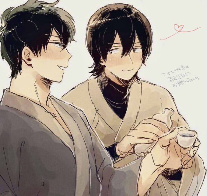 2boys black_hair cup from_side gintama grey_kimono hair_between_eyes heart hijikata_toushirou holding holding_cup japanese_clothes kimono looking_at_another looking_to_the_side multiple_boys se0h teacup translation_request white_background yamazaki_sagaru yaoi