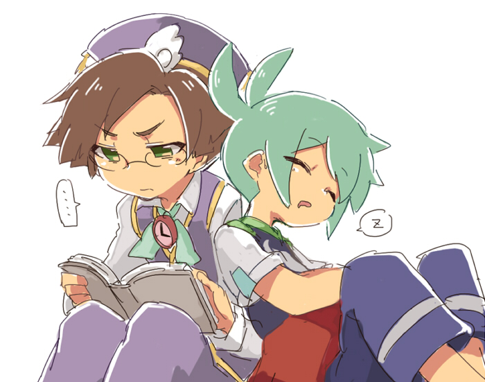 ... 2boys blue_hair book brown_hair closed_eyes drooling embarrassed glasses green_eyes hat karatou klug_(puyopuyo) leaning_on_person male_focus mouth_drool multiple_boys no_nose pants pocket_watch purple_hat purple_pants puyopuyo puyopuyo_20th_anniversary puyopuyo_fever shirt sig_(puyopuyo) sitting sketch sleeping sleeping_upright speech_bubble spoken_ellipsis spoken_zzz t-shirt watch wing_hat_ornament yaoi zzz
