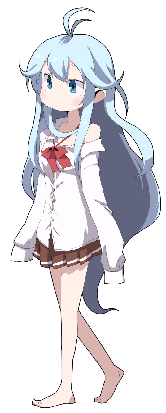 1girl antenna_hair bare_legs barefoot blue_eyes blue_hair bow closed_mouth denpa_onna_to_seishun_otoko dokan_(dkn) feet full_body highres long_hair off_shoulder school_uniform simple_background skirt solo touwa_erio transparent_background very_long_hair white_background