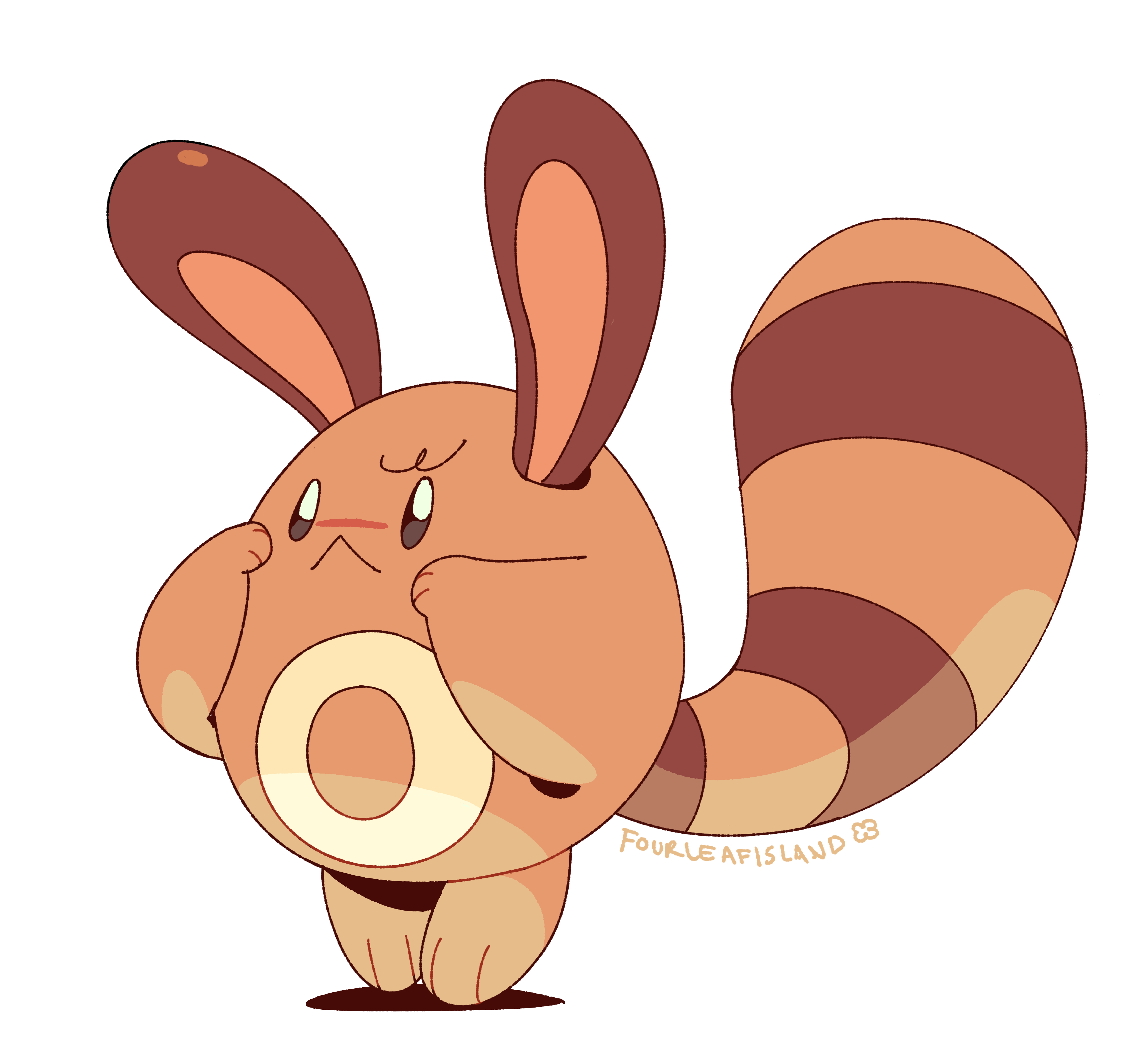 :&lt; absurdres animal_focus artist_name brown_eyes clip_studio_paint_(medium) closed_mouth commentary english_commentary fourleafisland full_body gen_2_pokemon highres nintendo no_humans pokemon pokemon_(creature) sentret simple_background solo standing white_background