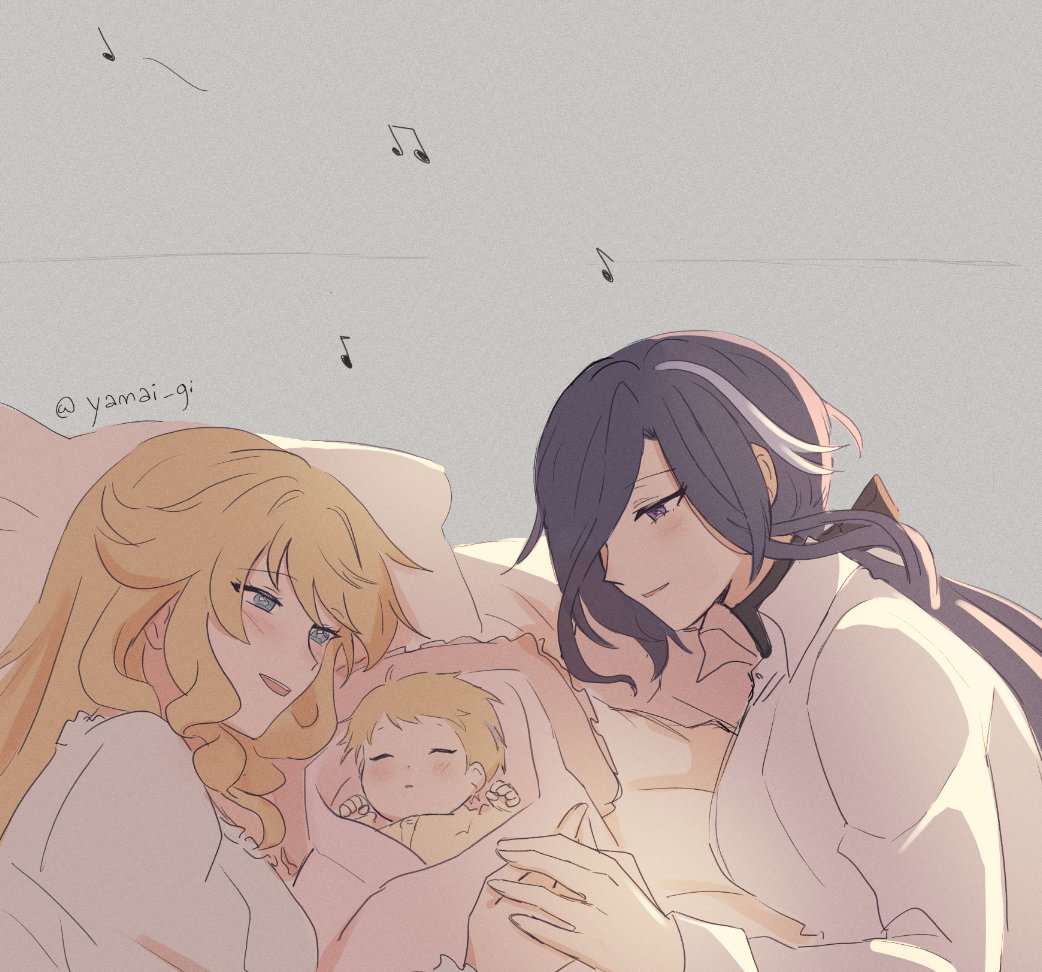 3girls beamed_eighth_notes blonde_hair blue_eyes blush clorinde_(genshin_impact) collared_shirt commentary eighth_note english_commentary genshin_impact holding_hands if_they_mated kaiyamon long_hair mother_and_daughter multicolored_hair multiple_girls musical_note navia_(genshin_impact) parted_lips purple_eyes purple_hair science_babies shirt smile streaked_hair twitter_username white_shirt yuri