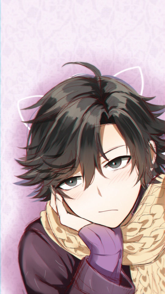 1boy black_eyes commentary drawn_ears expressionless hair_between_eyes han_jumin head_rest long_sleeves looking_at_viewer male_focus purple_background purple_shirt scarf shirt short_hair sleeves_past_wrists solo susanghan_messenger sweater tamagoyaki_(megane-daisuki)
