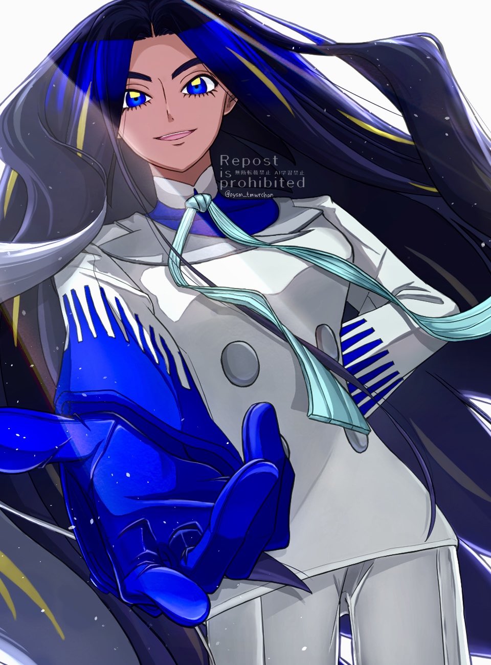 1girl arm_behind_back black_hair blue_eyes blue_gloves blue_shirt buttons commentary eyelashes geeta_(pokemon) gloves green_ribbon highres jacket long_hair long_sleeves looking_at_viewer looking_down multicolored_hair neck_ribbon nintendo official_alternate_color open_mouth outstretched_hand oysm_tmwrchan pants pokemon pokemon_masters_ex ribbon shirt solo streaked_hair teeth twitter_username upper_teeth_only watermark white_jacket white_pants