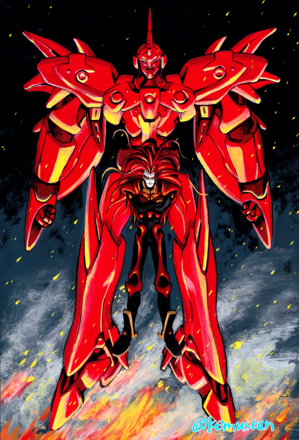 1boy acrylic_paint_(medium) bodysuit commentary_request crossed_arms fire floating floating_hair full_body id_(xenogears) long_hair mecha painting_(medium) red_hair robot solo sonomoto_shinzou_(natsume_kyouji) traditional_media weltall-id xenogears
