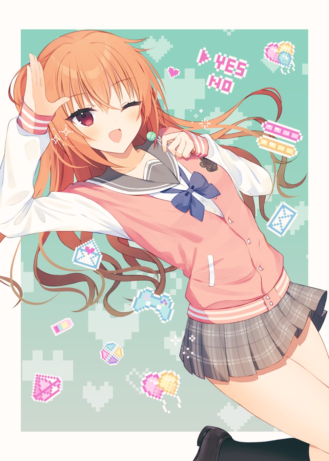 1girl ;d aiyan arm_up black_socks blue_bow blue_bowtie blush border bow bowtie buttons candy commentary_request crossed_bangs dutch_angle eyelashes eyes_visible_through_hair floating_hair food green_background grey_skirt hair_between_eyes hand_up happy heart highres holding holding_candy holding_food holding_lollipop inaba_meguru jacket kneehighs knees_out_of_frame letterman_jacket lollipop long_hair looking_at_viewer miniskirt one_eye_closed open_mouth orange_hair outside_border pink_jacket pixel_heart plaid_clothes plaid_skirt pleated_skirt red_eyes salute sanoba_witch school_uniform serafuku sidelocks simple_background skirt sleeves_past_wrists smile socks solo sparkle tsurime white_border white_sleeves