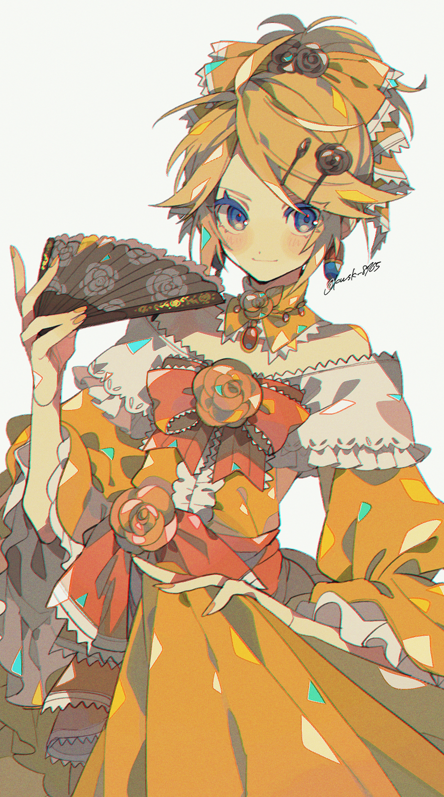 1girl ahoge aku_no_musume_(vocaloid) bare_shoulders black_flower black_rose blonde_hair blue_eyes blue_gemstone bow bow_flower choker colored_eyelashes commentary_request dress dress_bow dress_ribbon evillious_nendaiki floral_print flower frilled_choker frilled_dress frilled_sleeves frills gem hair_flower hair_ornament hairclip hand_fan high_ponytail highres holding holding_fan kagamine_rin kawasaki_(kwsk_8765) light_blush looking_at_viewer off-shoulder_dress off_shoulder orange_bow orange_ribbon pale_skin ponytail red_gemstone ribbon riliane_lucifen_d&#039;autriche rose signature skirt_hold smile solo swept_bangs updo vocaloid white_background wide_sleeves yellow_bow yellow_choker yellow_dress yellow_flower yellow_nails yellow_rose