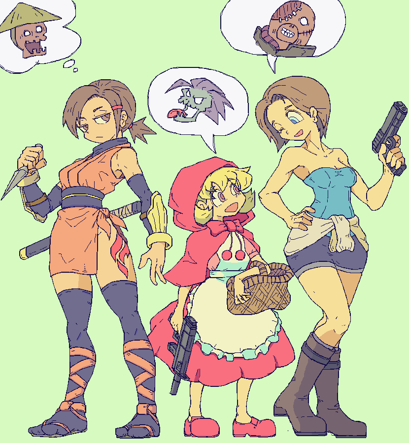 3girls b.b._hood bare_shoulders blonde_hair blue_eyes boots brown_hair clothes_around_waist crossover darkstalkers dress hood jill_valentine kaede_(onimusha) kunai lord_raptor medium_hair multiple_girls nemesis_(resident_evil) ninja onimusha resident_evil resident_evil_3:_nemesis rongoronko skirt sleeveless sweater sweater_around_waist weapon zombie