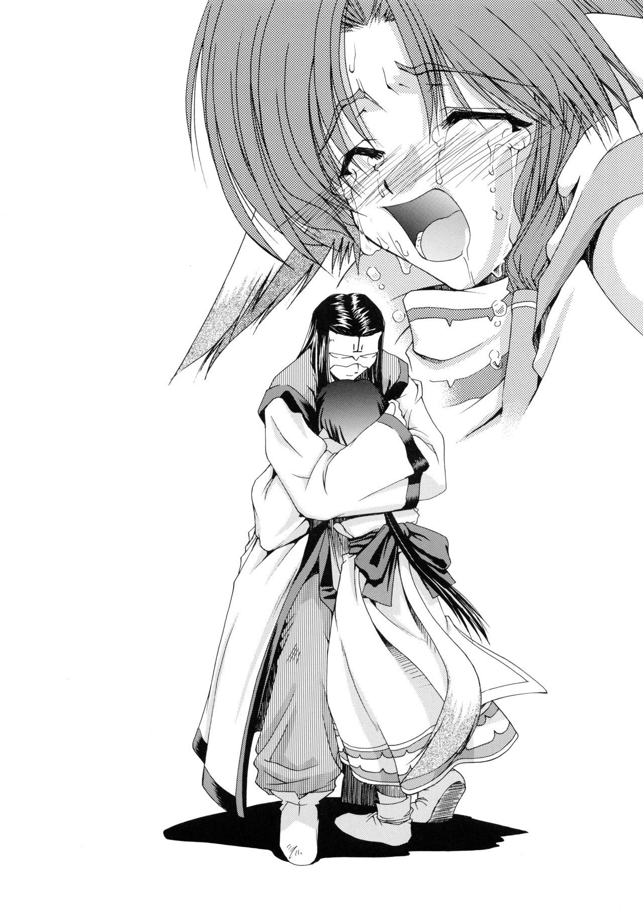 1boy 1girl ainu_clothes animal_ears blush boots closed_eyes comforting crying dog_ears dog_tail eruruu hakuowlo height_difference highres hug legs long_hair mask monochrome open_mouth pants short_hair smile tail tears thighs traditional_media utawarerumono