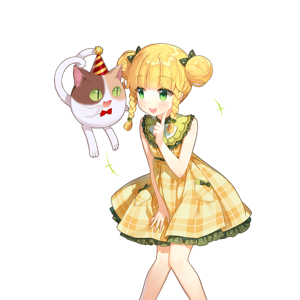 1girl bare_legs blonde_hair braid cat double_bun dress frilled_dress frills green_eyes hair_bun salt_(salty) sapphire_emerald twin_braids twintails uchi_no_hime-sama_ga_ichiban_kawaii yellow_dress