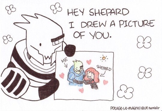 1boy 1girl commander_shepard commander_shepard_(female) drawing_(object) flower garrus_vakarian greyscale heart mass_effect_(series) monochrome tumblr turian white_background