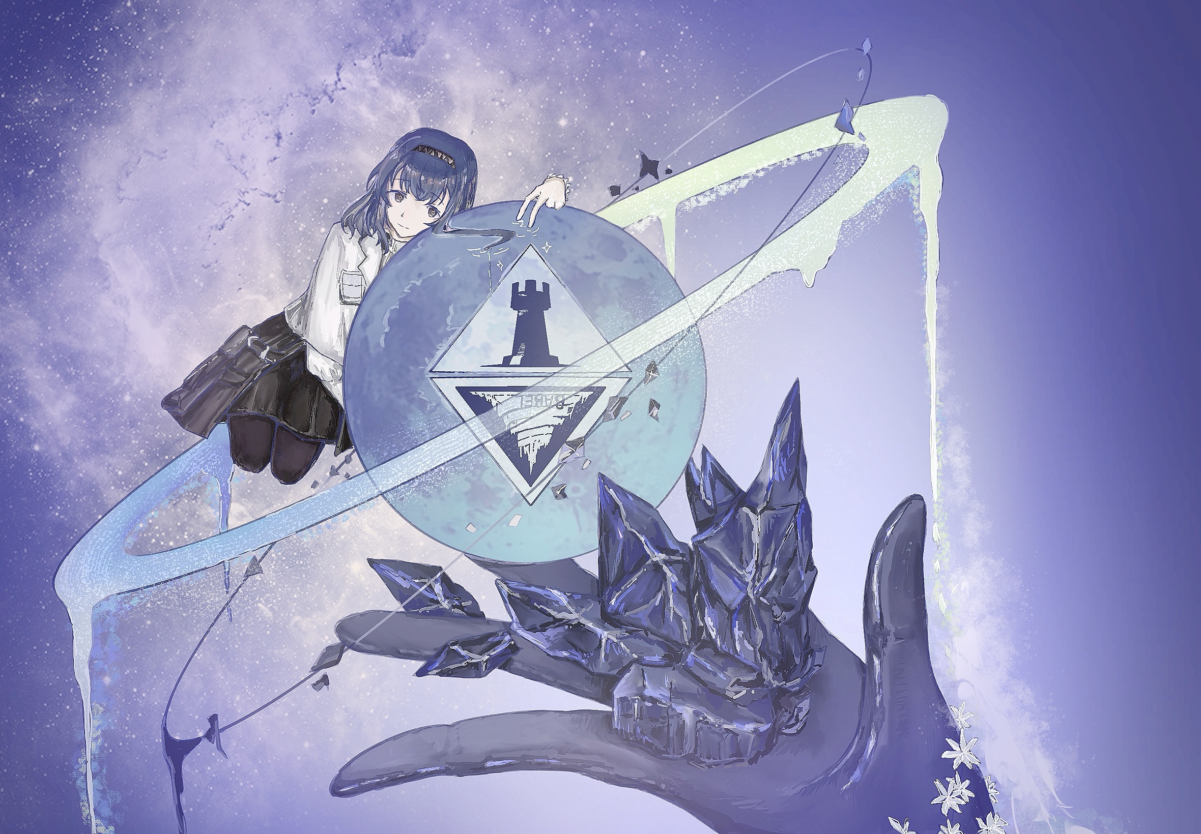 2girls amiya_(arknights) arknights babel_logo_(arknights) black_hair gloves hairband highres leaning_to_the_side light_smile melting multiple_girls nuozituaner orbital_path originium_(arknights) priestess_(arknights) rhodes_island_logo_(arknights) ripples smile
