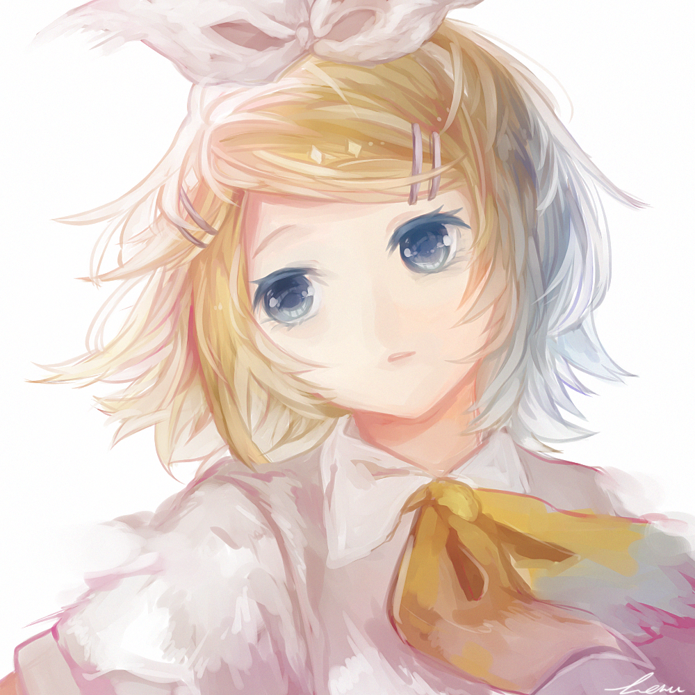 1girl ascot bad_id bad_twitter_id blonde_hair blue_eyes bow colored_eyelashes evillious_nendaiki female_focus gretel_(evillious_nendaiki) hair_bow hair_ornament hairclip hoshiakari_lenu kagamine_rin leaning_to_the_side looking_afar parted_lips short_hair signature solo vocaloid