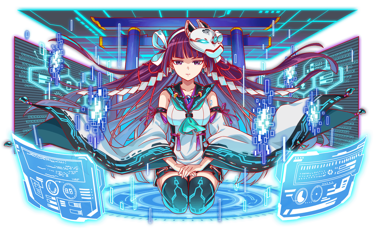 1girl alternate_breast_size alternate_costume anime_coloring aqua_neckerchief arm_tattoo artist_request bare_shoulders black_skirt black_thighhighs blue_gemstone blunt_bangs blunt_sidelocks breasts collarbone crash_fever earrings facing_viewer fox_mask full_body furisode_sleeves game_cg gem glowing_clothes graph hairband han'eri hands_on_lap hexagon honeycomb_(pattern) jade_(gemstone) jewelry komachi_beni large_breasts light_smile lipstick long_hair looking_at_viewer magatama magatama_earrings magatama_necklace makeup mark_under_eye mask mask_on_head miniskirt neckerchief necklace number_tattoo numbered official_alternate_costume official_art outline partially_shaded_face pleated_skirt purple_eyes purple_hair red_lips red_outline ribbon-trimmed_sleeves ribbon_trim screen seiza shide shide_hair_ornament shinto shirt sidelocks sitting skirt sleeveless sleeveless_shirt solo square square_tattoo straight-on straight_hair tachi-e tassel tattoo thighhighs third-party_source torii transparent_background tsurime two-sided_sleeves very_long_hair white_hairband white_mask white_shirt white_sleeves yellow_gemstone