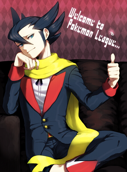 10s 1boy aqua_eyes black_hair coin coin_flip couch elite_four english_text engrish_text flipping_coin glint grimsley_(pokemon) head_rest head_tilt itsuki_(nightlight) light_smile male_focus nintendo pointy_hair pokemon pokemon_bw ranguage scarf sitting smug solo thumbs_up yellow_scarf