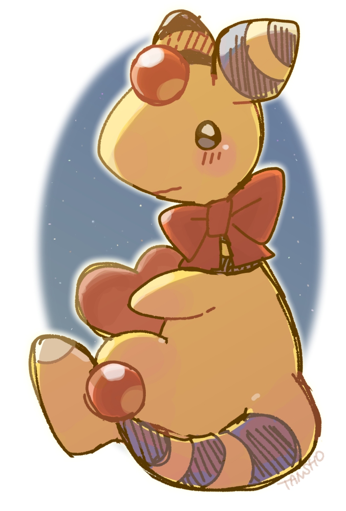 ampharos artist_name black_eyes blush bow bright_pupils closed_mouth colored_skin forehead_jewel full_body gen_2_pokemon heart nintendo no_humans pokemon pokemon_(creature) sitting solo tail tansho white_pupils yellow_skin