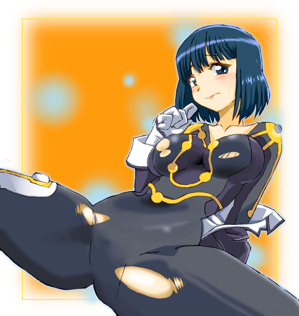 1girl black_eyes black_hair blush bodysuit breasts gloves groin_tendon hime_cut jacket kitaooji_hanabi large_breasts latex mecha_pilot_suit onnaski open_clothes open_jacket sakura_taisen sakura_taisen_iii sega short_hair spread_legs thick_thighs thighs torn_bodysuit torn_clothes