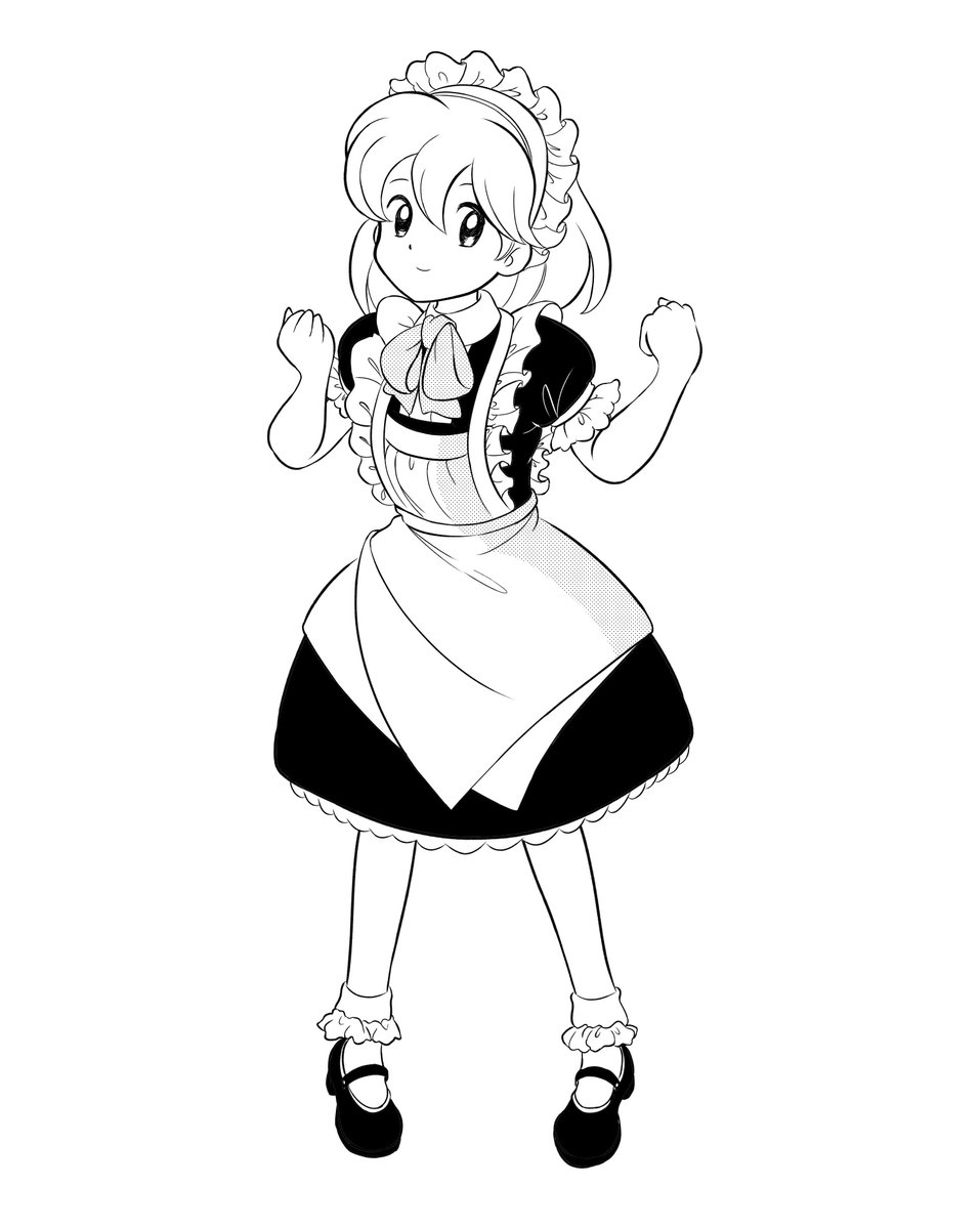 1980s_(style) 1girl apron ascot bad_id bad_twitter_id bobby_socks breasts clenched_hands closed_mouth commentary_request dress frilled_apron frilled_dress frills full_body greyscale happy highres looking_at_viewer maid maid_headdress mary_janes monochrome oldschool retro_artstyle ruukoto shoes short_hair simple_background small_breasts smile socks standing takemoto_izumi_(style) touhou touhou_(pc-98) white_background yatyou