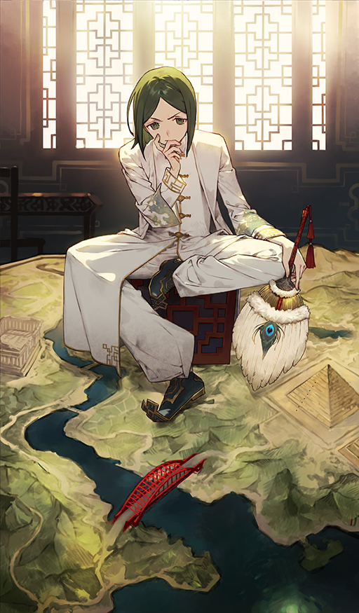 1boy architecture black_shoes bridge chinese_clothes closed_mouth clothing_request coat commentary_request east_asian_architecture fate/grand_order fate_(series) feather_fan green_eyes green_hair hand_fan hand_on_own_chin holding holding_fan indoors jacket long_coat long_sleeves male_focus map_(object) medium_hair noco_(adamas) official_alternate_costume official_art open_clothes open_coat pants parted_bangs pyramid_(structure) shiroten_no_shiro_kuroban_no_shiro shoes sitting solo thinking third-party_source v-shaped_eyebrows waver_velvet white_coat white_jacket white_pants window