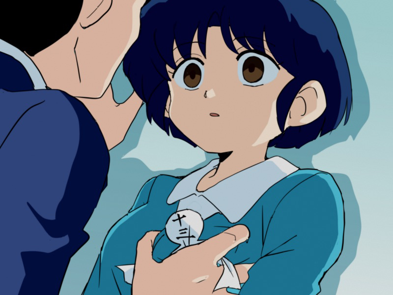 1boy 1girl blue_hair breasts brown_eyes drop_shadow empty_eyes fuurinkan_high_school_uniform gosunkugi_hikaru grabbing_another&#039;s_breast groping hitsugi_mc kabedon medium_breasts mind_control paper_doll ranma_1/2 school_uniform short_hair simple_background small_pupils tendou_akane