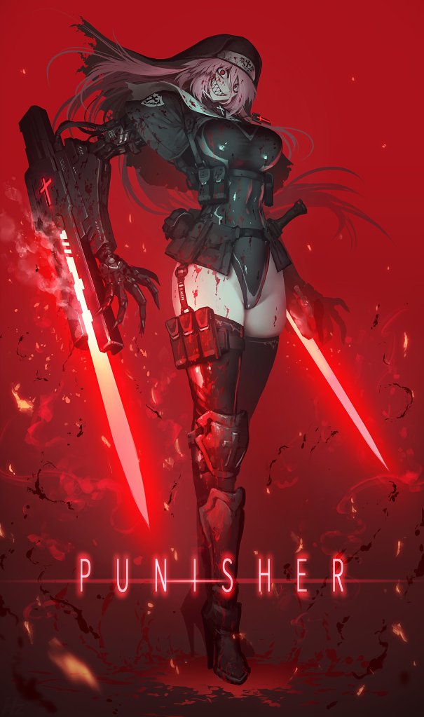 1girl arm_blade belt black_leotard black_thighhighs blood blood_on_clothes blood_on_face breasts cross english_text full_body habit hetza_(hellshock) high_heels highleg highleg_leotard large_breasts latin_cross leotard leotard_under_clothes long_hair looking_at_viewer mechanical_arms original pink_hair red_background red_eyes red_theme sharp_teeth smile solo standing teeth thighhighs very_long_hair weapon