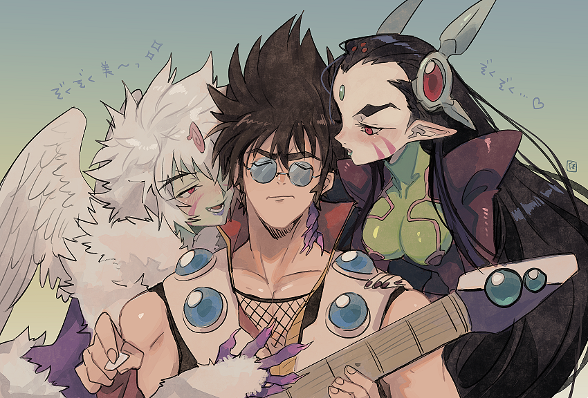1boy 2girls alien annoyed bisexual_male black_hair black_jumpsuit bodysuit boy_and_girl_sandwich brown_hair character_request closed_eyes collarbone colored_skin frown gavil girl_sandwich green_skin guitar hair_behind_ear holding holding_instrument instrument jumpsuit kinako_(462) long_pointy_ears macross macross_7 multiple_girls nekki_basara open_mouth pointy_ears red_eyes round_eyewear sandwiched science_fiction sivil sleeveless translation_request white_hair